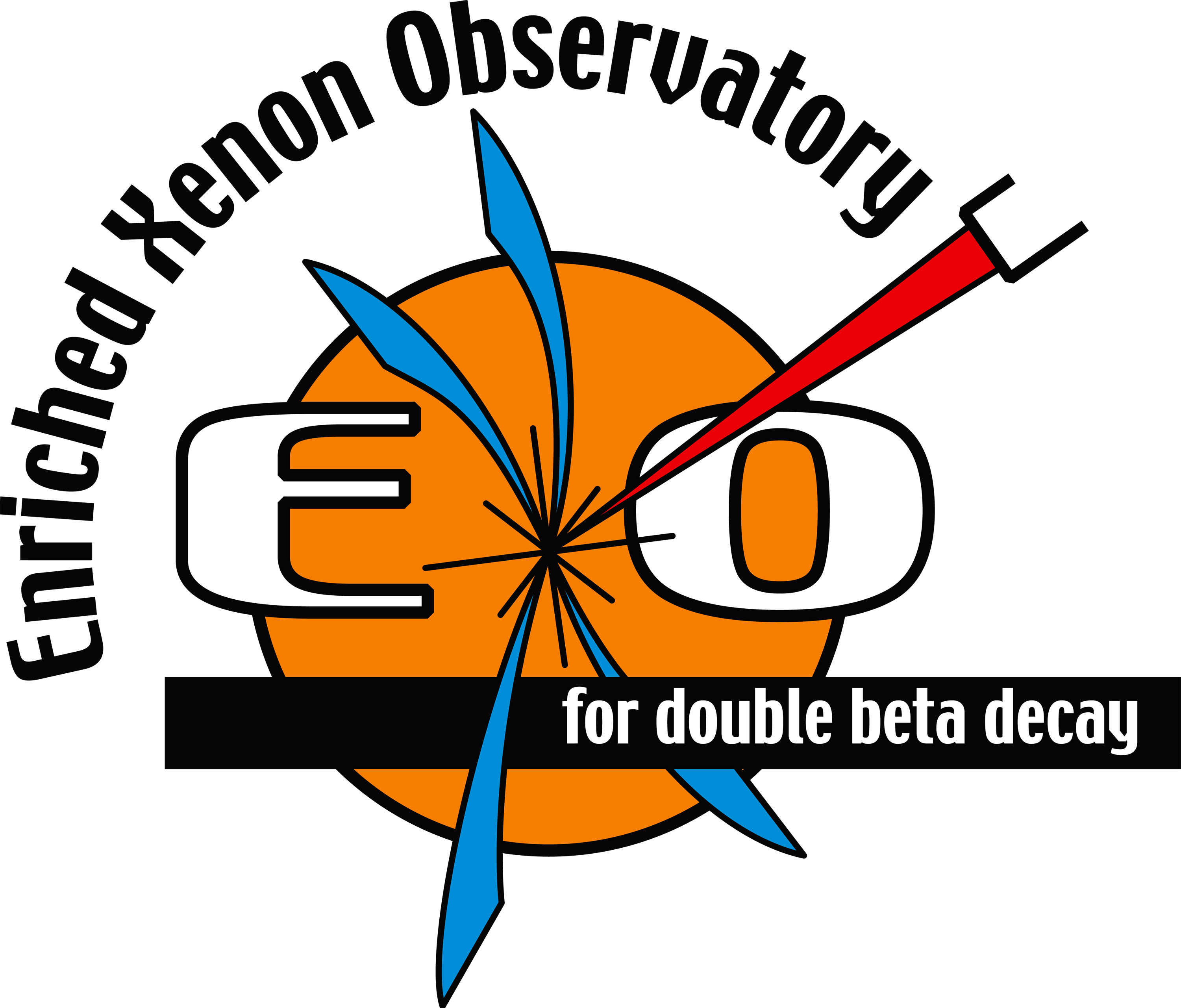 EXO-200 logo. The X is created out of jets emerging from the center of an orange circle, and the text around the outside reads 'Enriched Xenon Observatory for double beta decay' 