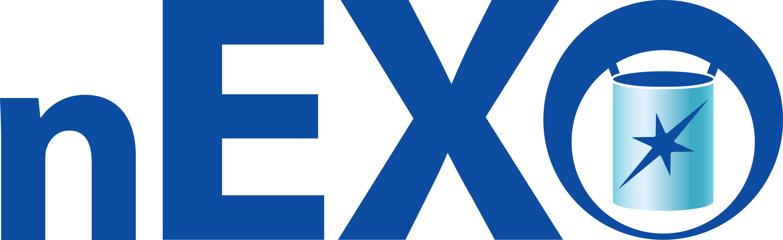 nEXO logo. The letters appear in blue block font, with a cylinder in the middle of the 'O' that appears to have a double beta decay event happening inside of it. ' 